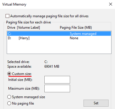 Custom size in virtual memory