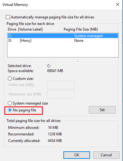 No paging file in virtual memory