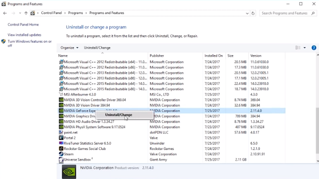 uninstall geforce experience