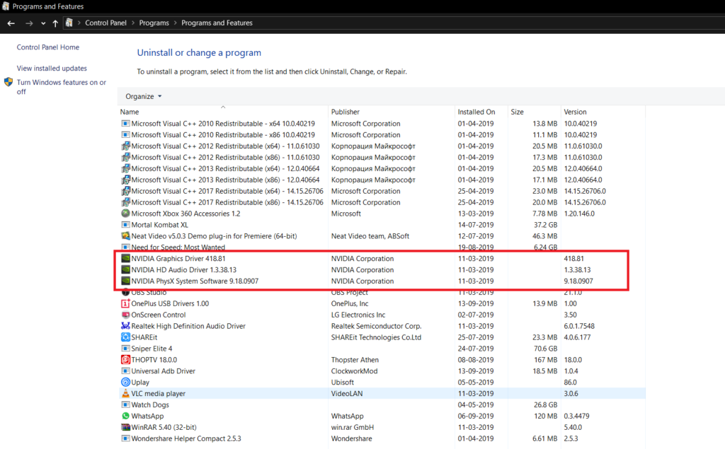 uninstall nvidia components