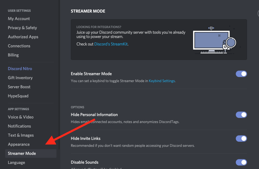 enable streamer mode on discord