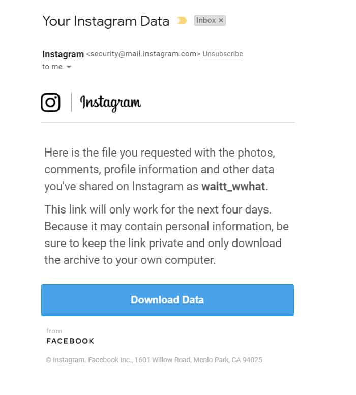 instagram data email