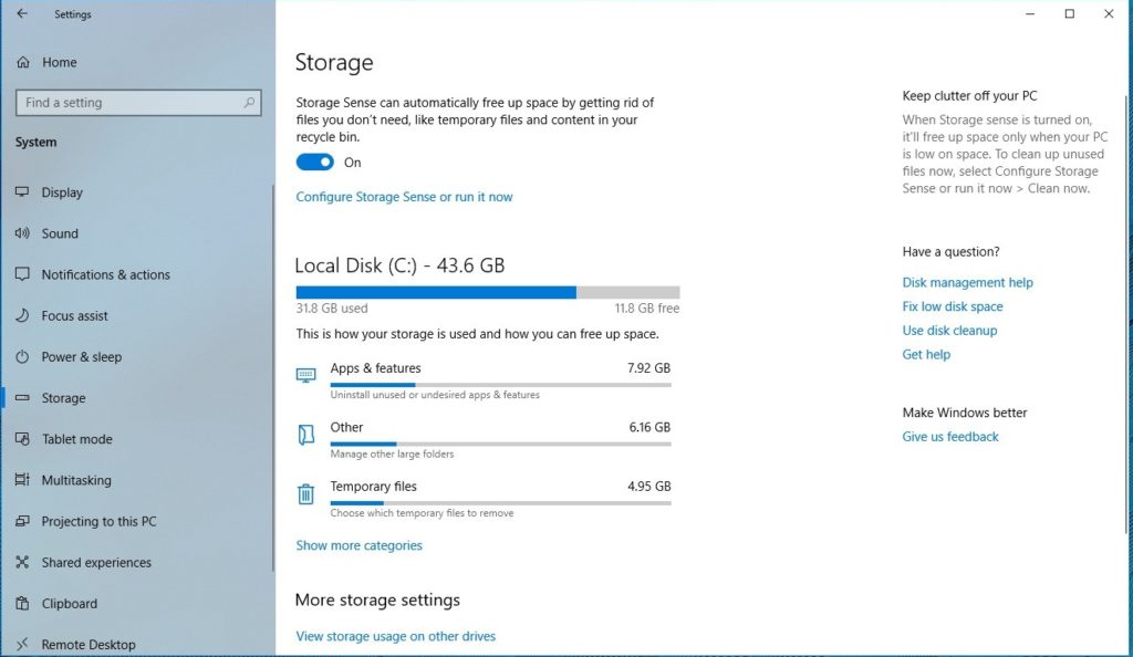 storage usage windows 10