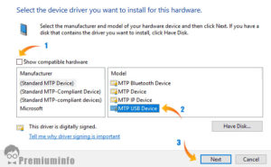 Select MTP driver from kindle